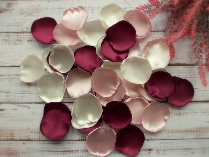 Burgundy, Blush, and Ivory Satin Rose Petals: Wedding Aisle Decor image 1