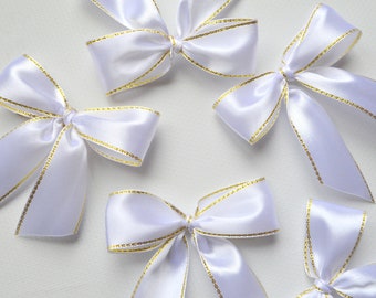 3'' 25-50-75-100 Handmade Satin Pre-Tied Ribbon Bows White Satin Bows Self-Adhesive Bows for Wedding Birthday Party White Gold Decorations