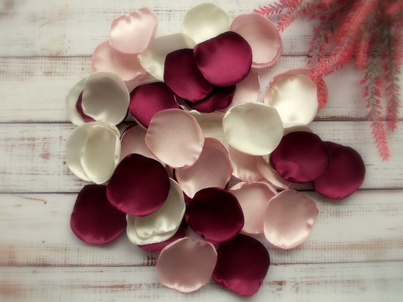 Burgundy, Blush, and Ivory Satin Rose Petals: Wedding Aisle Decor image 3