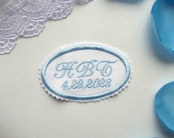 Het kleine Etiket van de Trouwjurk Iets blauw Het Etiket van de douane Het gepersonaliseerde Etiket van het Huwelijk, Bruid Iets Blauw, de Kledingsetiket van de Trouwtoga met monogram