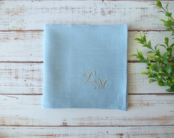 Personalized Embroidered Handkerchief Monogrammed Linen Pocket Square Initials Hankie Linen Embroidered Pocket Square Blue Handkerchief