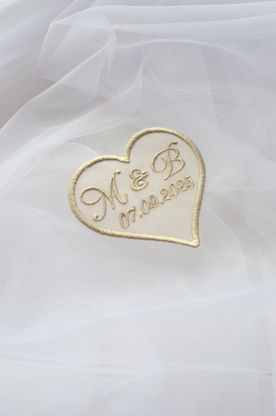 Personalized Wedding Dress Patch Beige Tulle Heart Embroidered Wedding Dress Patch