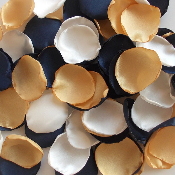 Navy Gold Light Ivory Satin Rose Petals, Silk Wedding Petals, Flower Petals, Dark Blue Gold Wedding Petals, Artificial Petals, Bridal shower