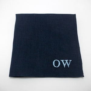 Personalized Navy Blue Linen Handkerchief: Embroidered Monogram Pocket Square