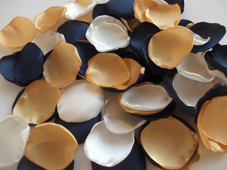 Navy Gold Light Ivory Satin Rose Petals, Silk Wedding Petals, Flower Petals, Dark Blue Gold Wedding Petals, Artificial Petals, Bridal shower image 6