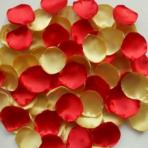 Red and Gold Satin Rose Petals: Handmade Wedding Decor