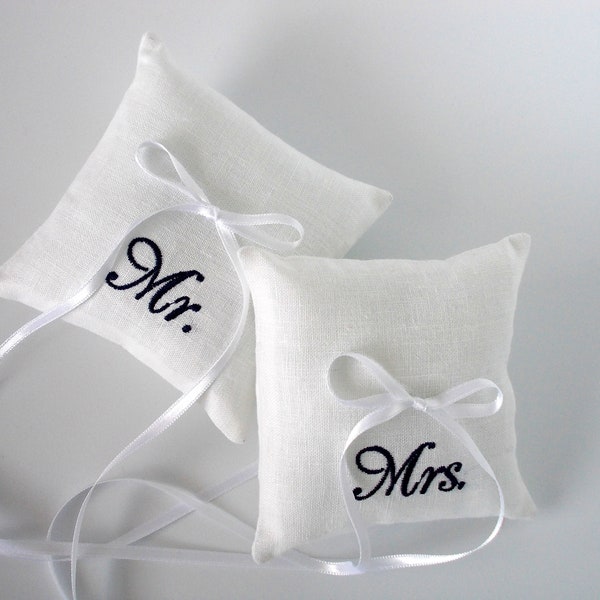 4" x 4" Small Linen Wedding Ring Pillow, Set of 2 Mr and Mrs Design Embroidered, Ring Bearer Linen Pillow Mini Ring Pillow, Cushion Wedding