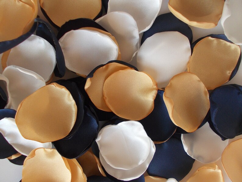 Navy Gold Light Ivory Satin Rose Petals, Silk Wedding Petals, Flower Petals, Dark Blue Gold Wedding Petals, Artificial Petals, Bridal shower image 2