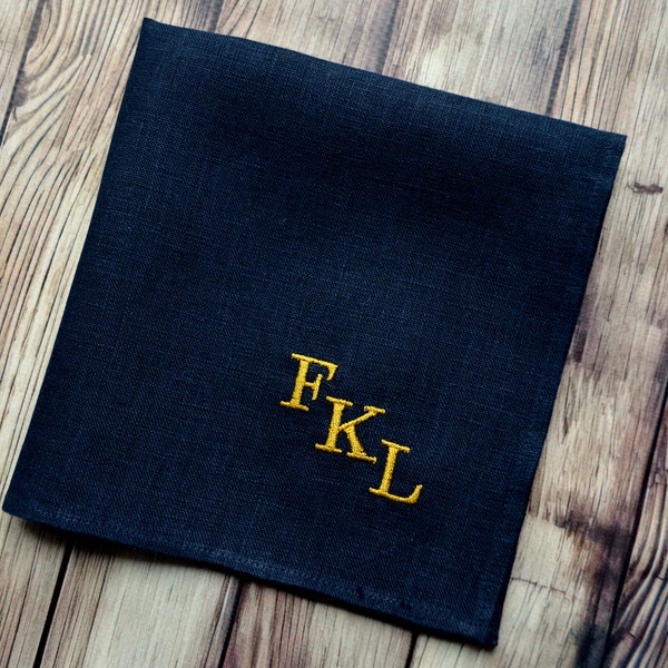 Personalized Embroidered Handkerchief Monogrammed Linen Pocket Square Initials Hankie Linen Navy Blue Pocket Square Gift For Her / Him