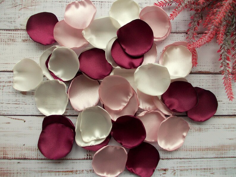 Burgundy, Blush, and Ivory Satin Rose Petals: Wedding Aisle Decor image 6