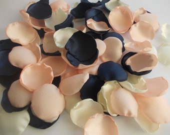 Navy, Peach Blush, Ivory Satin Rose Petals, Silk Wedding Rose Petals, Flower Petals, Dark Blue Blush Ivory Wedding Petals, Artificial Petals