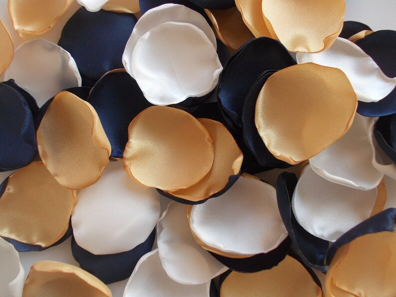 Navy Gold Light Ivory Satin Rose Petals, Silk Wedding Petals, Flower Petals, Dark Blue Gold Wedding Petals, Artificial Petals, Bridal shower image 5