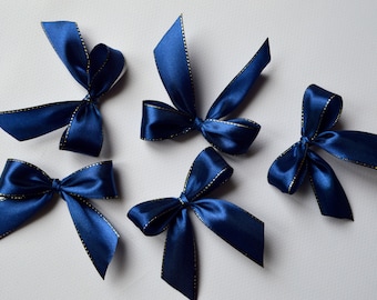 3'' 25-50-75-100 Handmade Satin Bows Pre-Tied Ribbon Bow Navy Blue Gold Bows Self Adhesive Bows for Wedding Birthday Party Blue Decorations