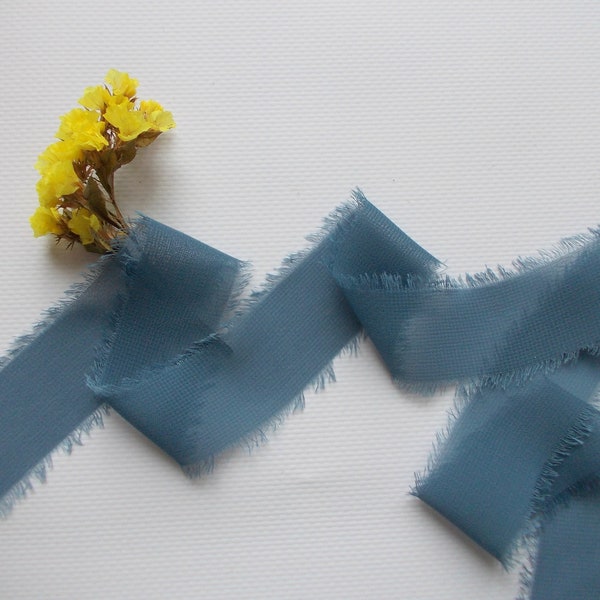 Steel Blue Handmade Frayed Edge Chiffon Ribbon, 1 inch Ribbon For Bridal Bouquet, Invitations, Wedding or Gift Wrapping