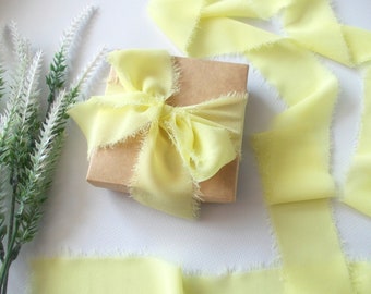 1"  2.5 cm Light Yellow Handmade Frayed Edge Chiffon Ribbon 1 inch Ribbon For Bridal Bouquet Invitations Wedding or Gift Wrapping