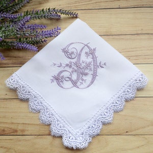 Monogrammed Wedding Handkerchief: Embroidered Lace Cotton Hankie