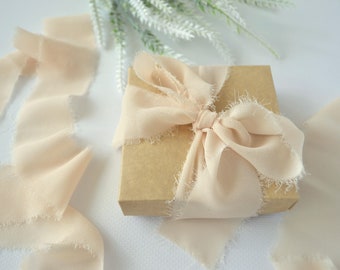 1" / 2.5 cm light Beige Handmade Frayed Edge Chiffon Ribbon, 1 inch Ribbon For Bridal Bouquet, Invitations, Wedding or Gift Wrapping