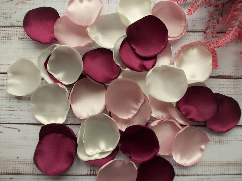Burgundy, Blush, and Ivory Satin Rose Petals: Wedding Aisle Decor image 5