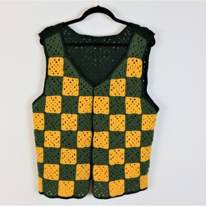 Crochet Vest Vintage Patched crochet Waistcoat Wool Vest  Green Yellow Ethnick Sleeveless Sweater Boho Folk Vest Soft Large Size