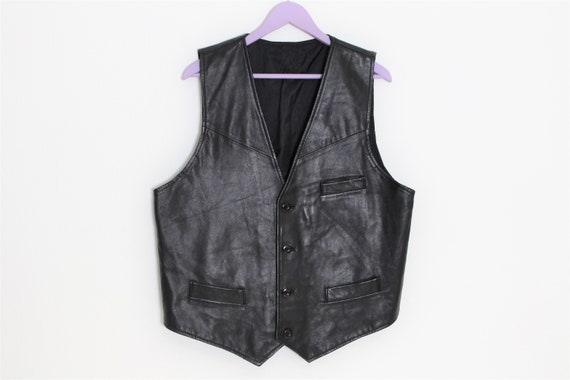 Black Leather Vest Mens Genuine Leather Waistcoat Bikers Etsy