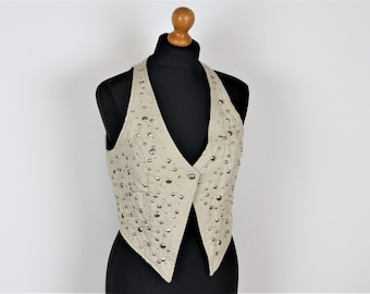 Ivory Cotton Vest Womens Light Beige Waistcoat with Studs Vintage Vest Romantic Cotton Waistcoat Brand HUNKYDORY Medium Size