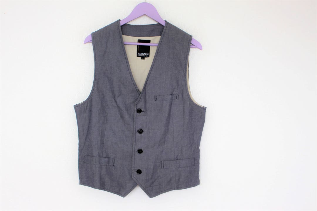 Mens Gray Katoenen Vest Merk SMOG Casual Uitgerust Blauw Grijs Heren Vest Vest Medium Size Etsy Nederland