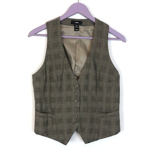 Gray Plaid Vest Womens Vintage Gray Check Waistcoat Checkered Cotton Linen Vest Formal Romantic Victorian Waistcoat Size Medium to Large