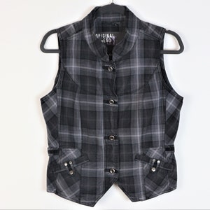 Gray Plaid Vest Womens Vintage Waistcoat Checkered Vest Formal Romantic Victorian Waistcoat Cotton Size Medium