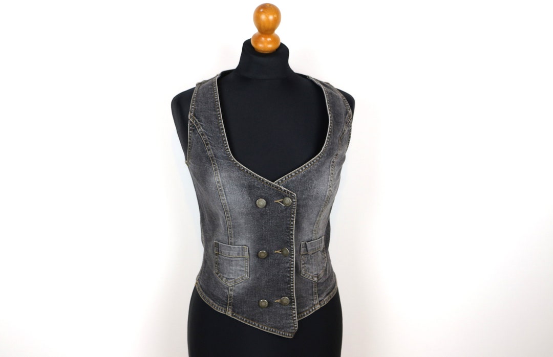 Gray Denim Vest Military Vest Gray Washed Women's Cotton Vest Metal