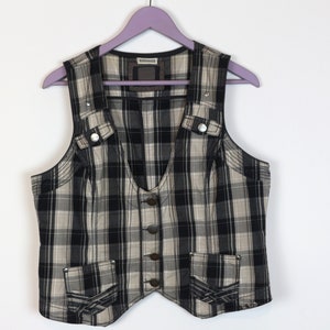Gray Plaid Vest Womens Grey White Tartan Vest  Romantic Fitted Formal Waistcoat Cotton Checkered Womens Vest Large to XXL