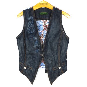 Blaue Jeansweste OILILY Bestickt Damen Blau Jean Weste Baumwolle Romantisch Country Western Boho Cottage Chic Medium bis Large