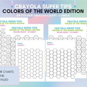 Kleuren van de World Edition Crayola-kleurenkaart | 64Kleurstaalgrafiek | 4 DIY digitaal PDF-bestand instellen | Thuis downloaden en afdrukken
