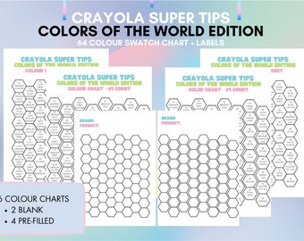 Kleuren van de World Edition Crayola-kleurenkaart | 64Kleurstaalgrafiek | 4 DIY digitaal PDF-bestand instellen | Thuis downloaden en afdrukken