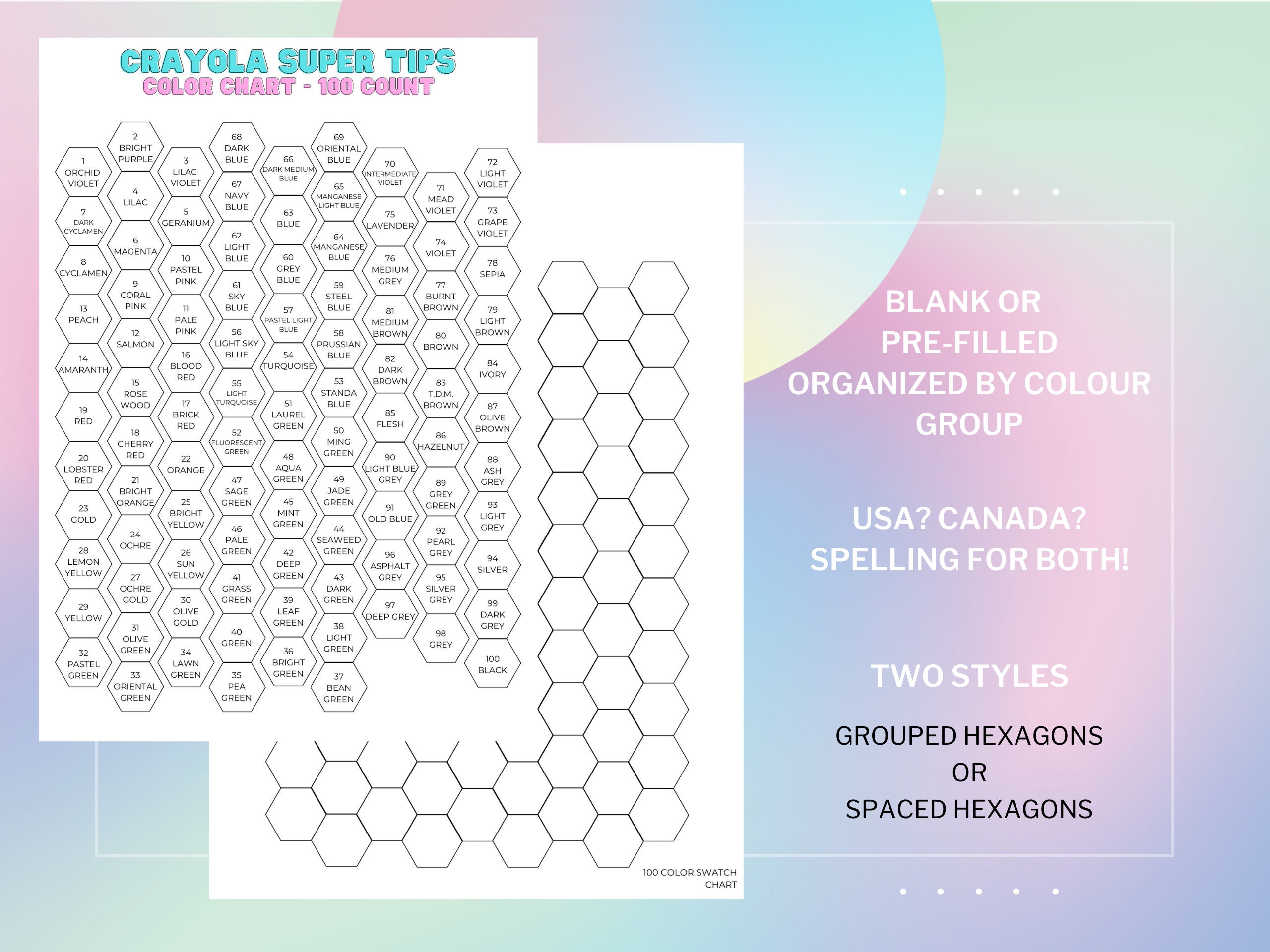 Crayola Color Chart 100 Color Swatch Chart 8 Set DIY Digital PDF File  Download & Print at Home Crayola Super Tips Color Chart Labels 