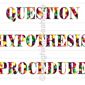 May include: Three white rectangular banners with the words "QUESTION", "HYPOTHESIS", and "PROCEDURE" written in black letters. The letters are filled with colorful candy.