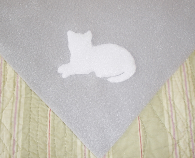 18 by 18 Light Gray Fleece with White Cat Gift for Cat or New Kitten Fleece Cat Blanket Hand Appliqu\u00e9d Crate Size
