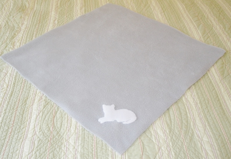 18 by 18 Light Gray Fleece with White Cat Gift for Cat or New Kitten Fleece Cat Blanket Hand Appliqu\u00e9d Crate Size