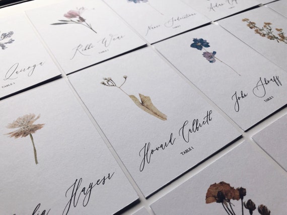 pressed flower place cards floral escort cards modern calligraphy place cards flower place cards