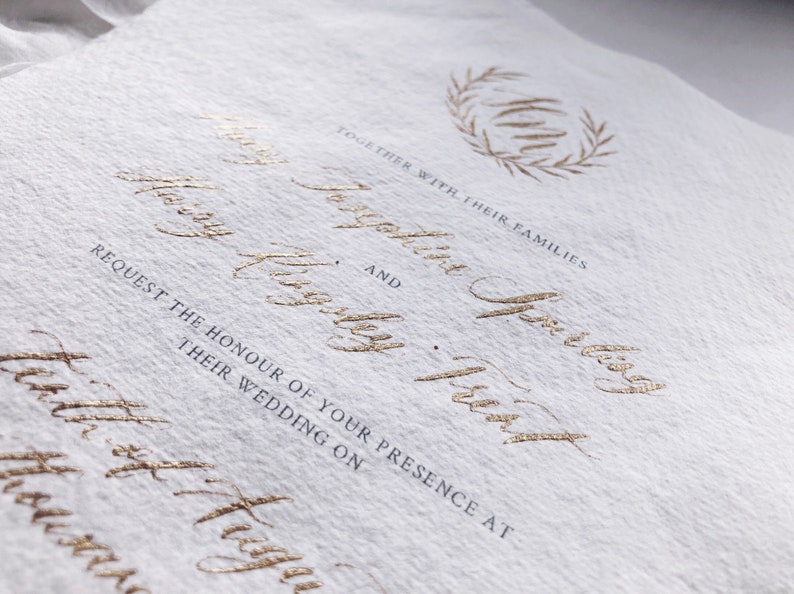 Monogram 2-piece wedding invitation suite on handmade paper handwritten / gold, bronze, other metallic inks image 3