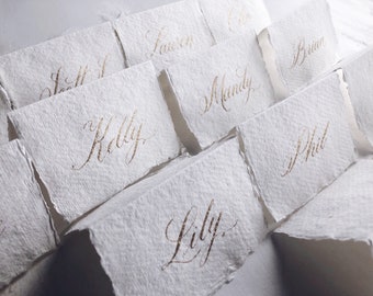 Classic tented calligraphy name cards / tented place cards on handmade paper / black, gold, rose gold, silver