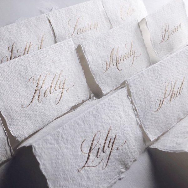 Classic tented calligraphy name cards / tented place cards on handmade paper / black, gold, rose gold, silver