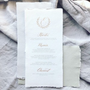 Monogram menu / handmade paper menu / handwritten calligraphy menu with gold ink / wedding menu image 1