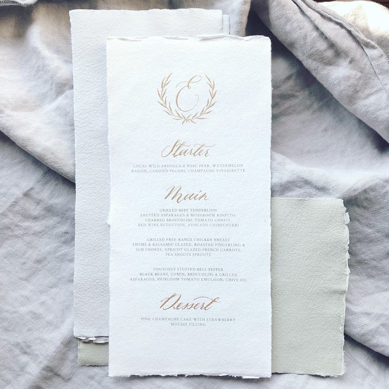 Monogram menu / handmade paper menu / handwritten calligraphy menu with gold ink / wedding menu image 1