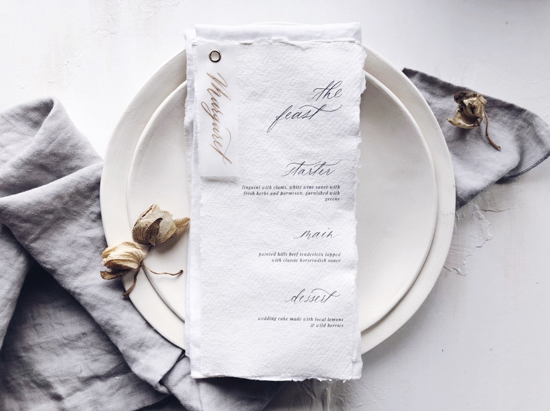 Wedding Menu With Name / Handmade Paper Wedding Menu / Handwritten