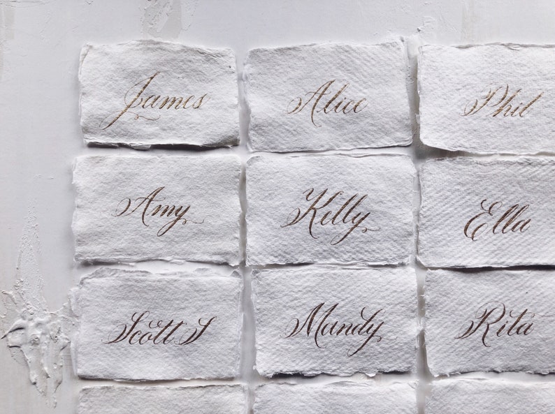 Classic calligraphy name cards / place cards on handmade paper / black, gold, rose gold, silver image 1