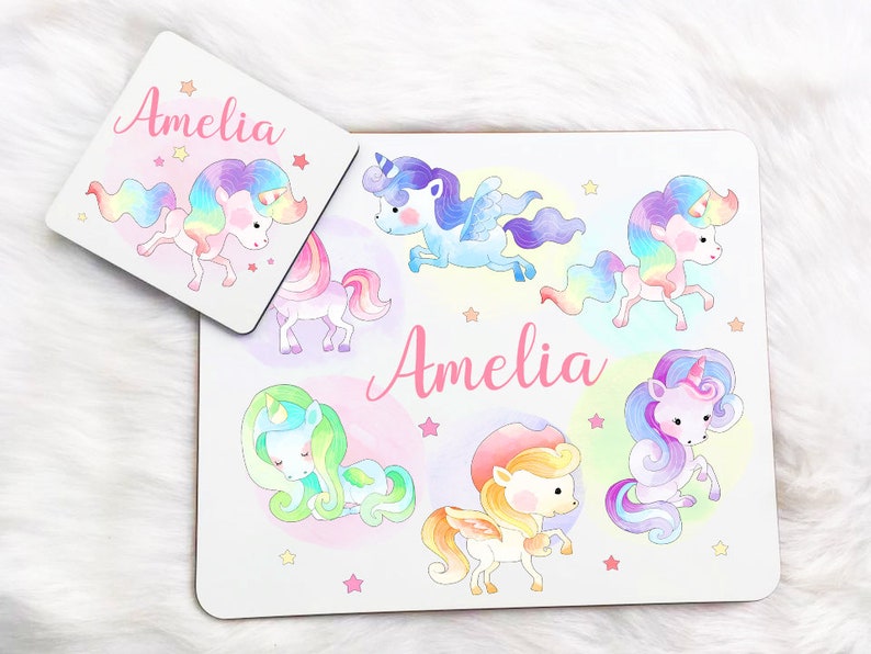 Personalised Pink Unicorn Stars Rainbow Kids Children/'s Table Placemat /& Coaster