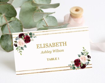 Burgundy place cards, Marsala wedding place cards template printable editable, Wedding escort cards, Flat tent burgundy name cards, Download