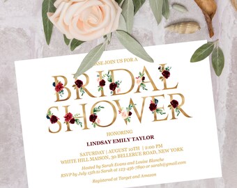 Burgundy bridal shower invitation template, Editable printable boho marsala bridal shower invitation, Landscape invitation, Instant download