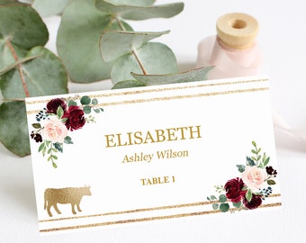 Wedding place cards with meal choice template editable, Printable place cards burgundy marsala, Escort card template Fall wedding name cards