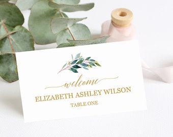 Wedding table name cards template, Greenery gold place cards template, Instant download, Editable printable table name tags, Flat tent cards